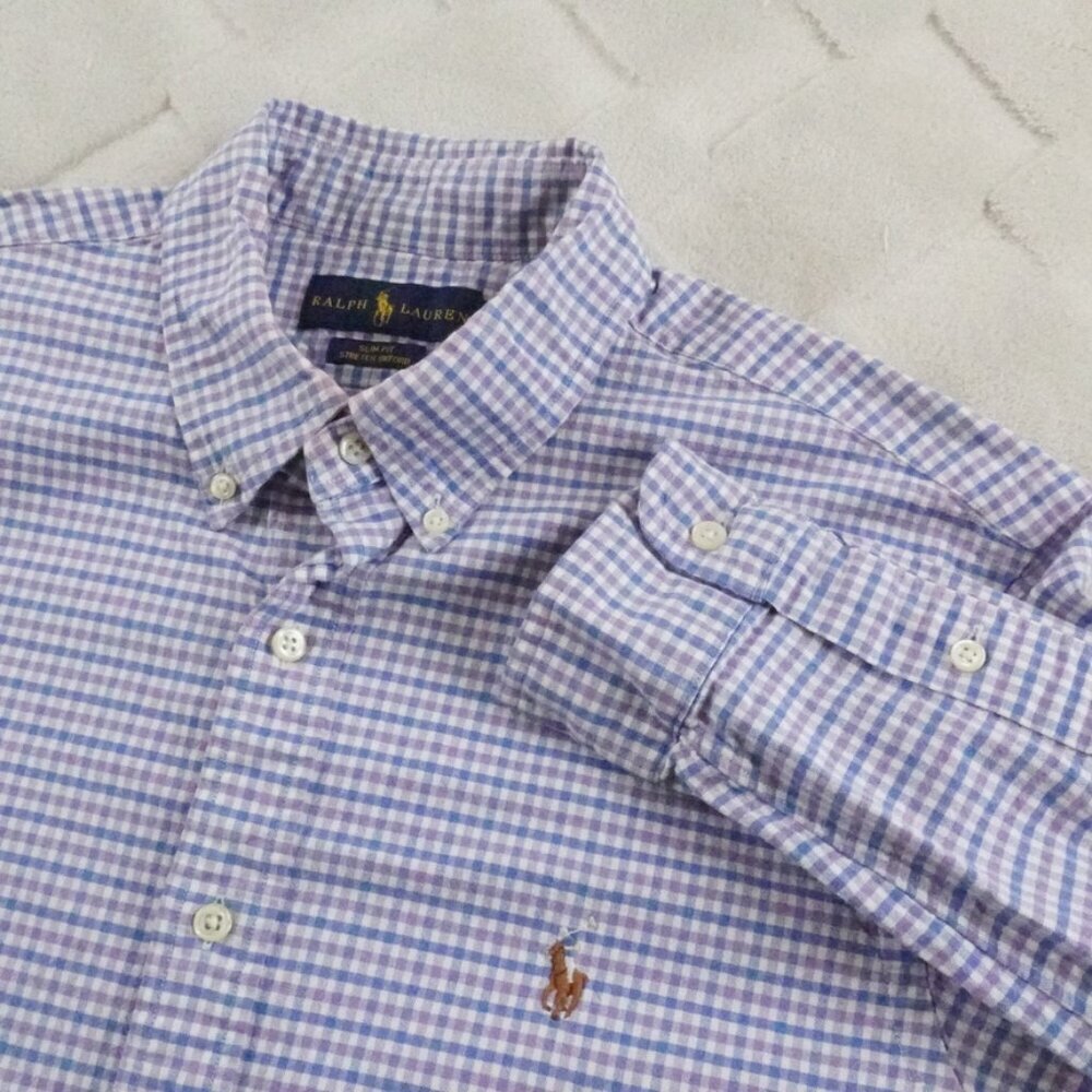Ralph Lauren Slim Fit Stretch Oxford Shirt Mens Large Plaid Multi Color Preppy